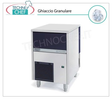 MACHINE À GLACE GRANULAIRE 60 Kg / 24h, 9 kg DE DÉPÔT Machine à glace granulaire, stockage 9 Kg, extérieur en acier inoxydable, refroidi par air, V 230/1, Kw 0,42, rendement 60 Kg / 24 heures, dimensions 450x620x680h mm, poids 56 Kg