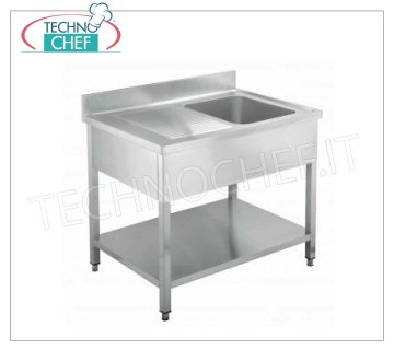 Evier professionnel inox, 1 cuve, 1 égouttoir à gauche, Linea 600 1 évier, avec 1 égouttoir à gauche et étagère inférieure, dimensions 1000x600x950h mm