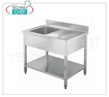 Evier professionnel inox, 1 cuve, 1 égouttoir à droite, Linea 600 Évier 1 bac avec égouttoir à droite et étagère inférieure, dimensions 1000x600x950h mm