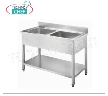 Évier professionnel 2 bacs inox sans égouttoir, ligne 700 Évier 2 bacs de 500x500x300 mm sans égouttoir, en version à panneaux avec étagère inférieure, dimensions 1200x700x950h mm