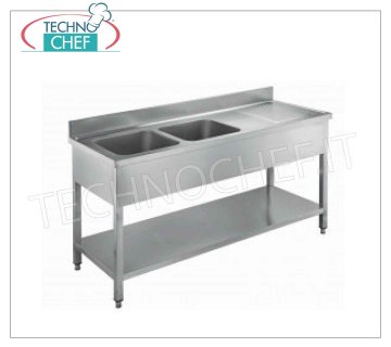 Evier professionnel 2 bacs inox avec égouttoir à droite, Ligne 700 Évier 2 bacs de 400x500x250 mm avec égouttoir à droite et étagère inférieure, dimensions 1600x700x950h mm