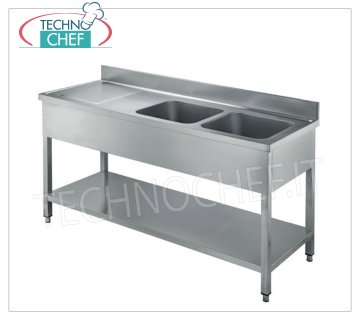 Evier professionnel inox, 2 bacs avec égouttoir à gauche, Linea 600 Évier 2 bacs de 500x400x250 mm, avec égouttoir à gauche et étagère inférieure, dimensions 1600x600x950h mm