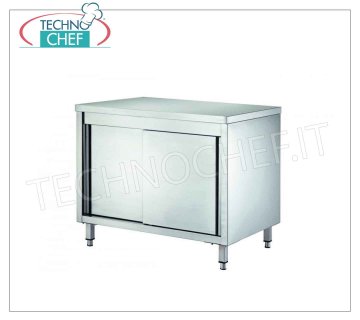 Table armoire en acier inoxydable avec portes coulissantes, profondeur 60 cm, Table armoire neutre en acier inoxydable avec deux portes coulissantes et étagère intermédiaire réglable, dim. millimètre 1000x600x850h