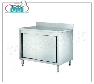 Table armoire inox à portes coulissantes et dosseret profondeur 60 cm Table armoire neutre en acier inoxydable, professionnelle avec portes coulissantes, dosseret et étagère intermédiaire réglable, dim. mm 1000x600x850h