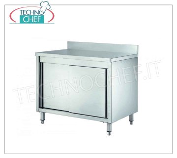 Table penderie en acier inoxydable avec portes coulissantes et dosseret, profondeur 70 cm Table armoire inox neutre, professionnelle avec crédence, portes coulissantes et étagère intermédiaire réglable, dim. millimètre 1000x700x950h