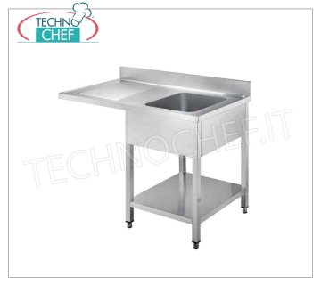 Evier professionnel inox, 1 cuve, 1 égouttoir cantilever à gauche, Linea 700 1 évier (mm 400x500x250h) avec 1 égouttoir en porte-à-faux à gauche pour insertion lave-vaisselle, version sur pieds avec étagère, dimensions 1200x700x950h mm