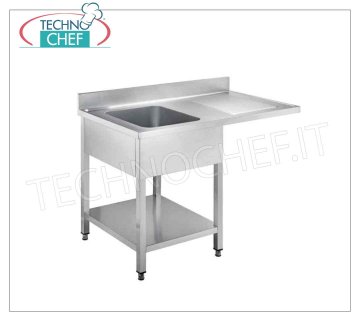 Evier professionnel inox, 1 cuve, 1 égouttoir cantilever à droite, Linea 700 1 évier bac (mm 400x500x250h) avec 1 égouttoir en porte-à-faux à droite pour insérer un lave-vaisselle, version sur pieds avec étagère inférieure, dimensions 1200x700x950h mm