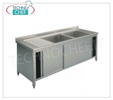 Évier professionnel 2 bacs inox avec égouttoir à gauche, Ligne 700 Évier 2 bacs 400x500x250 mm, avec égouttoir à gauche en version meuble avec portes coulissantes, dimensions 1600x700x950h mm