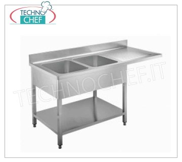 Évier professionnel 2 bacs inox avec égouttoir en porte-à-faux à droite, Ligne 700 Évier 2 bacs (mm 500x400x250h) avec 1 bac d'égouttage en porte-à-faux à droite pour insertion lave-vaisselle, version sur pieds avec étagère, dimensions 1600x700x950h mm