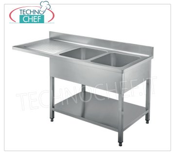 Évier professionnel 2 bacs inox avec égouttoir en porte-à-faux à gauche, Ligne 700 Évier 2 bacs (mm 500x400x250h) avec 1 bac d'égouttage en porte-à-faux à gauche pour installation lave-vaisselle, version sur pieds avec étagère, dimensions 1600x700x950h mm