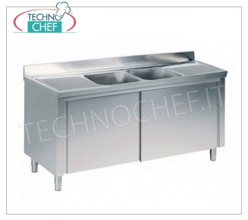 Evier professionnel inox avec 2 cuves et 2 égouttoirs, ligne 700 Meuble évier avec 2 vasques CENTRALES (cm. 50x50x30h), 2 égouttoirs et portes coulissantes, dimensions mm. 2000x700x950h.