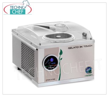 Congélateur professionnel en acier inoxydable, Superautomatique, Série Touch i-Green, Capacité 4,8 litres, mod.GELATO3KTOUCH Congélateur professionnel de comptoir pour glaces et sorbets, refroidissement par air, corps et lame en acier inoxydable, PRODUCTION 4,80 litres/h, durée du cycle 12-15 min, V.230/1, kw 0,28, Poids 21,6 Kg, dimensions mm 340x430x283h