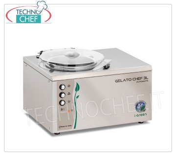 Congélateur batch semi-professionnel en acier inoxydable, série Chef I-Green, capacité 3 litres, modèle GELATOCHEF3LAUTOMATIC Congélateur discontinu de comptoir semi-professionnel pour glaces et sorbets, refroidissement par air, corps et lame en acier inoxydable, production 3,0 litres/h, durée du cycle 20-25 min, V.230/1, kw 0,16, poids 15,6 Kg, dimensions mm 400x345x310h