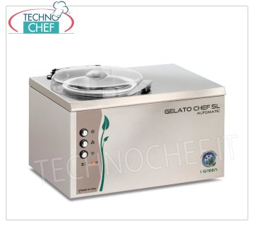 Congélateur batch semi-professionnel en acier inoxydable, série Chef I-Green, capacité 4,5 litres, modèle GELATOCHEF5LAUTOMATIC Congélateur discontinu de comptoir semi-professionnel pour glaces et sorbets, refroidissement par air, corps et lame en acier inoxydable, production 4,5 litres/h, durée du cycle 20-25 min, V.230/1, kw 0,25, poids 22 kg, dimensions 450x345x330h mm