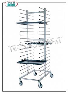 Chariots pour plateaux à pizza-pâtisserie avec échelons pour 40 plateaux Chariot à double crémaillère à échelons, en ACIER INOXYDABLE avec supports tubulaires, pas 100 mm, capacité 40 plateaux, dim. extérieur mm 520x860x1730h