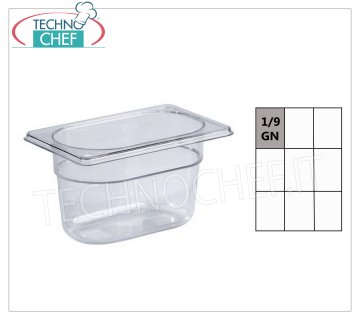 Plat gastronorme GN 1/9 en polycarbonate Vasque gastronorme 1/9 en polycarbonate, capacité 0,9 litres, dim.mm.176 x 108 x 65 h