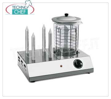 TECHNOCHEF - Hot Dog Machine avec 4 poinçons et cylindre chauffant Würstel, Mod.HOTDOGY09 / 4 Machine à hot-dogs avec 4 poinçons Réchauffeurs et chauffe-vapeur à cylindre Würstel, capacité 30 frankfurters, Puissance réglable avec simostat, V.230 / 1, Kw.0,6, Poids 9,5 Kg, dim.mm.450x320x365h