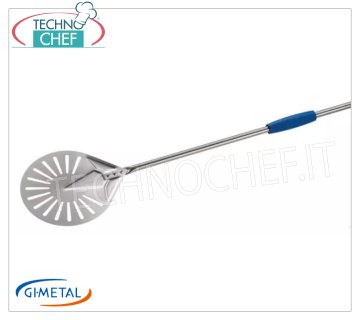 Gi-Metal - Pelle à pizza perforée en acier inoxydable, Blue Line, longueur du manche 150 cm Pelle à pizza perforée en acier inoxydable, Linea Azzurra, légère, lisse et résistante, diamètre 170 mm, longueur du manche 1500 mm.