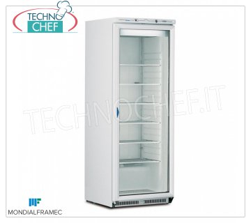 MONDIAL FRAMEC - Congélateur-Congélateur Armoire 1 porte vitrée, 580 l, Classe E, Mod.ICEPLUSN60 Congélateur-Congélateur Armoire 1 porte vitrée, structure extérieure en tôle d'acier blanche, capacité 580 l, température -15°/-25°C, STATIQUE à GRILLES FIXES ÉVAPORATEUR avec FROST CATCHER, Classe E, V.230/1, Kw 0, 82, Poids 125 Kg, dim.mm.775x740x1880