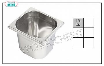 Récipients Gastronorme GN 1/6 en acier inoxydable Bac 1/6 Gastro-standard, acier inoxydable 18/10, capacité lt.1,6, dim.mm.176 x 162 x 100 h