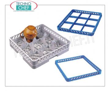 PANIER MODULAIRE POUR LUNETTES à 9 compartiments PANIER MODULAIRE POUR LUNETTES À 9 compartiments, convient au LAVAGE et au STOCKAGE des verres d'un diamètre maximal de 151 mm, peut être équipé de RIALZI, dimensions mm 500x500x103h