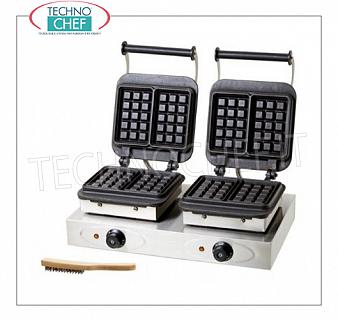 MACHINE À GAUFRAGE AVEC 2 PLAQUES DE CUISSON EN FONTE Gaufrier avec 2 plaques de cuisson fixes indépendantes en fonte, V. 230/1, Kw 2.2 + 2.2, poids 45.5 Kg, dim. mm.600x360x255h