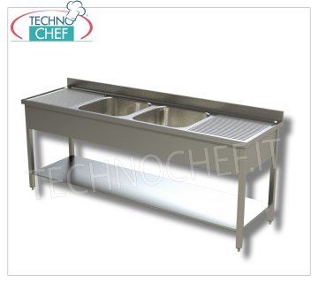 Evier professionnel inox avec 2 cuves CENTRALES et 2 égouttoirs, Ligne 600 Évier 2 bacs de 500x400x250 mm avec 2 égouttoirs et étagère inférieure, dimensions 2000x600x950h mm