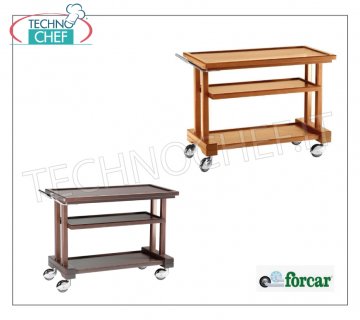 Chariots de service en bois Desserte de service en bois massif, marque FORCAR, 3 étagères en contreplaqué teinté NOYER, 4 roues pivotantes diam.100 mm, dim.mm.810x550x820h