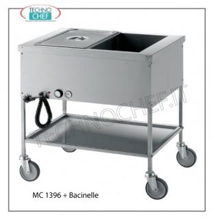 TECHNOCHEF - Chariot à bain-marie, modèle MC1396 Chariot bain-marie thermique en acier inoxydable 18/10, réservoir isolé pour 2 bassins gastro-normaux 1/1, H 200 mm (exclu), tablette inférieure amovible, V 230/1, KW 1,95, dim. Mm 820x600x850h