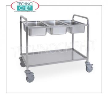 Chariots pour la collecte sélective des déchets Chariot en inox 18/10 avec étagère supérieure pour 3 bacs gastro-norme 1/1 (non inclus), 1 étagère inférieure extractible, dim. mm 1120x620x940h