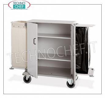 Chariot à linge avec 2 portes battantes, 2 étagères intérieures, 1 sac à linge et 1 sac poubelle