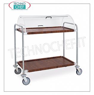 Bonbons et autres véhicules pour le fromage en bois Chariot avec dôme semi-cylindrique ouvert sur 2 côtés, deux étagères en acier recouvert d'mm.900x520 imitation bois, d'un tube d'acier chromé, dim.mm 1090x590x1220h