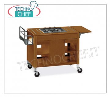 Technochef - CHARIOT FLAMBE en bois avec 2 BRÛLEURS en ligne, Mod.6400 Chariot Flambe en bois avec 2 brûleurs en ligne, porte-bouteilles, tablette latérale, porte-bouteilles du compartiment central, étagères et tiroirs, dimensions 1180x550x810h mm