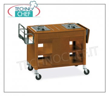 Technochef - CHARIOT EN BOIS 'FLAMBE', 2 BRÛLEURS SÉPARÉS, Mod.6402 Chariot à flambes en bois avec 2 brûleurs séparés, porte-bouteilles, trappe latérale, compartiment central pour cylindre, dessus et tiroirs, dim. mm 1180x550x810h