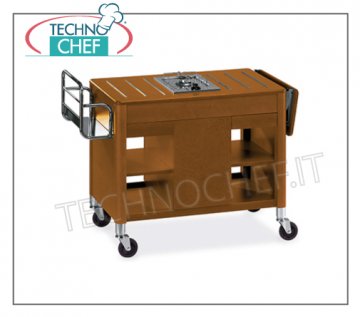 Technochef - CHARIOT FLAMBE en bois, 1 feu central, Mod.6404 Chariot en bois flambé avec 1 feu central, porte-bouteilles, trappe latérale, compartiment central pour cylindre, dessus et tiroirs, dim. mm 1180x550x810h
