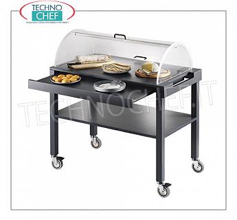 Chariots pour desserts et fromages Chariot pour bonbons, fromages et hors-d'œuvre en bois laqué dans les couleurs standard, avec 2 étagères, dôme en plexiglas, porte-assiettes coulissant escamotable, capacité max Kg.30, dim.mm.1000x560x1100h