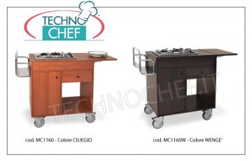 Metalcarrelli - FLAMBE TROLLEY avec 2 FOCUS en LIGNE, couleur Cerise, mod. 1160 Chariot Flambe avec 2 brûleurs en ligne, Porte-bouteilles, Rabat latéral, tiroir à couverts, compartiment cylindre avec porte, couleur cerise, atténué. mm 980x500x800h