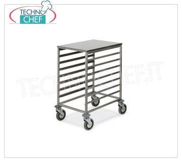 TROLLEY Porte-plateaux pizza-pâtisserie pour 8 PLATEAUX 60x40 cm avec plan de travail CHARIOT AVEC SUPPORT SUPÉRIEUR SUPÉRIEUR EN ACIER INOXYDABLE (455x650 mm), avec guides en `` L '' pour 8 PLATEAUX de 600x400 mm, dim.mm.520x720x850h