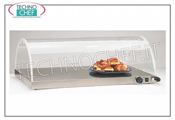 Plaques chauffantes en acier inoxydable Dessus de maintenance HOT, en acier inoxydable 18/10 avec dôme en PLEXIGLASS, ouverture du compas depuis 1 côté, V 230/1, Kw 0,45, dimensions 920x520x330h mm