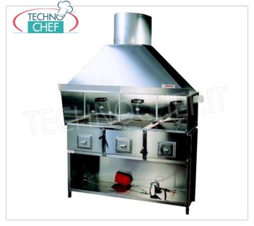 ROMAGNA GRILL - Technochef, gril à charbon de Romagne / cuisine avec 3 braseros Gril à charbon Romagna avec 3 braseros, complet avec hotte aspirante avec moteur relatif et support de base Peint Noir, V.230 / 1, Kw.0.75, Poids 200 Kg, dim.mm.1620x850x2410h.