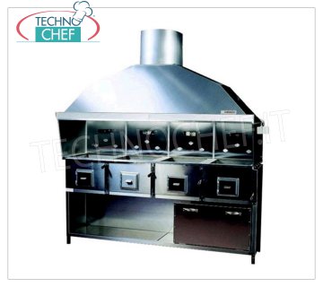 ROMAGNA GRILL - Technochef, grill/cuisine au charbon de Romagne avec 4 braseros Gril à charbon Romagna avec 4 brasiers, complet avec hotte aspirante avec moteur relatif et support de base en acier inoxydable, V.230/1, Kw.0,75, Poids 230 Kg, dim.mm.2150x850x2410h.