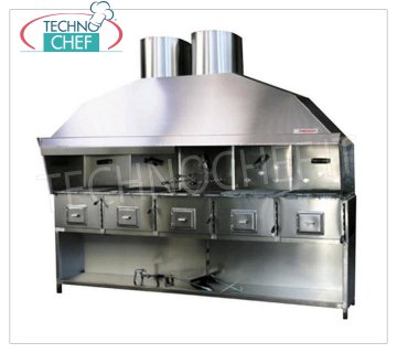 ROMAGNA GRILL - Technochef, gril à charbon de Romagne / cuisine avec 5 braseros Gril à charbon Romagna avec 5 braseros, complet avec hotte aspirante avec moteur relatif et support Base INOX, V.230 / 1, Kw.0.75, Poids 300 Kg, dim.mm.2670x850x2410h.