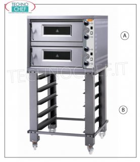Four à pizza électrique, 2 chambres pour 4 + 4 pizzas diamètre 35 cm Four à pizza électrique MONOBLOCK pour 4 + 4 pizzas diam. 35 cm, avec 2 CHAMBRES avec contrôle INDÉPENDANT de mm 720x720x140h, V 400/3, Kw 12, dim. extérieur mm 990x1060x660h