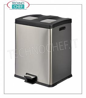 Poubelles pour collecte séparée Poubelle en acier inoxydable, couvercle avec ouverture pour pédale, 2 seaux intérieurs en polypropylène de 30 litres chacun, dim. Mm 480x459x636h