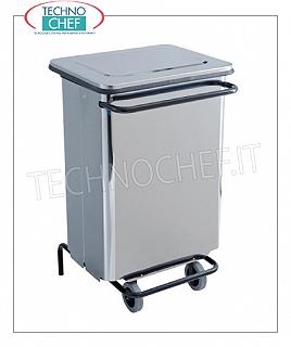 Poubelles en inox Poubelle en inox brillant sur roulettes, couvercle avec ouverture à pédale, 70 litres, dim.mm.480x420x755h