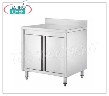 TABLE ARMOIRE EN ACIER INOXYDABLE avec PORTES BATTANTES et REBORD, avec profondeur de 60 et 70 cm Table d'armoire en acier inoxydable avec portes battantes et dosseret, dim.mm.600x600x850h