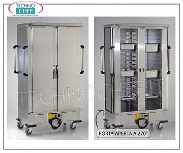Maintien de la température, chariot HOT ventilé pour 24 GN ou EN 1/1 Chariot d'entretien chaud avec chauffage ventilé, 2 portes, pour 24 barquettes Gastro-Norm, Euro-Norm ou 600x400, Pas entre les Guides 120 mm, V. 230/1, Kw 3.0, Dimensions mm 1320x750x2000h