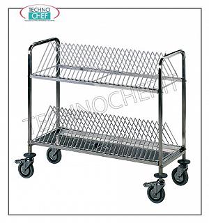 Chariot à tiroirs avec grilles en acier inoxydable pour 60 plateaux Chariot à tiroirs avec 2 étagères en acier inoxydable d'une capacité de 60 plateaux, structure portante en acier inoxydable AISI304, 4 roues pivotantes dont 2 avec frein, pare-chocs en caoutchouc, dimensions cm. 108x45x95h