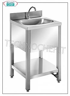 Lavabo en acier inoxydable sur pieds avec étagère inférieure et dosseret, complet avec commande à pédale Lavabo en acier inoxydable sur pieds avec étagère inférieure et dosseret, bassin semi-circulaire, complet avec commande à pédale avec distributeur, dimensions mm. 500x450x850h