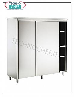 Armoire à vaisselle en inox 304 avec portes coulissantes et 3 étagères intermédiaires, profondeur 60 cm Meuble de rangement avec 2 portes coulissantes et 3 étagères intermédiaires réglables en hauteur, dim. mm 1200x600x1700h